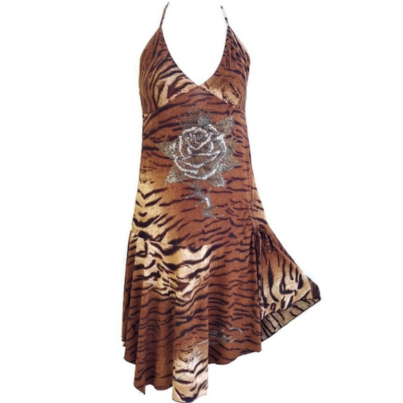 Ed Hardy Dresses & Skirts - Ed Hardy Tiger Crystal Rose Halter Dress Ruched S